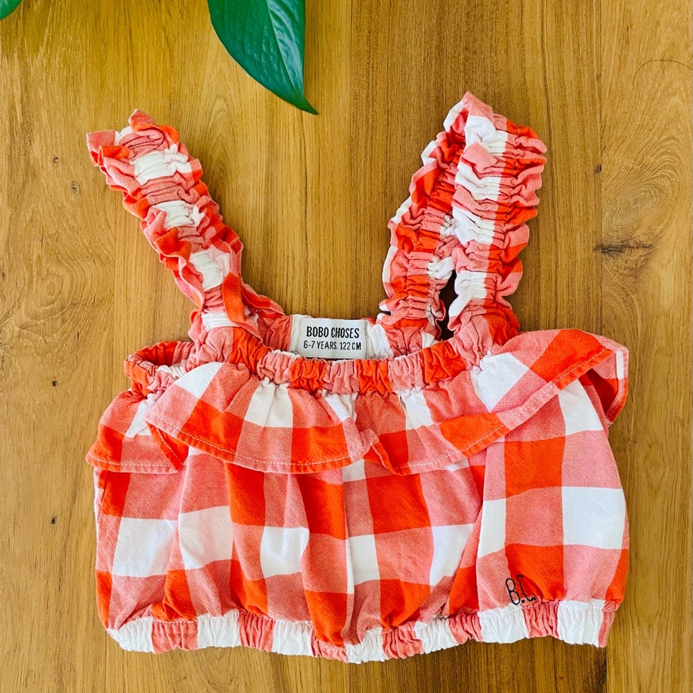 Bobo Choses Orange & White Gingham Ruffle Tank Top